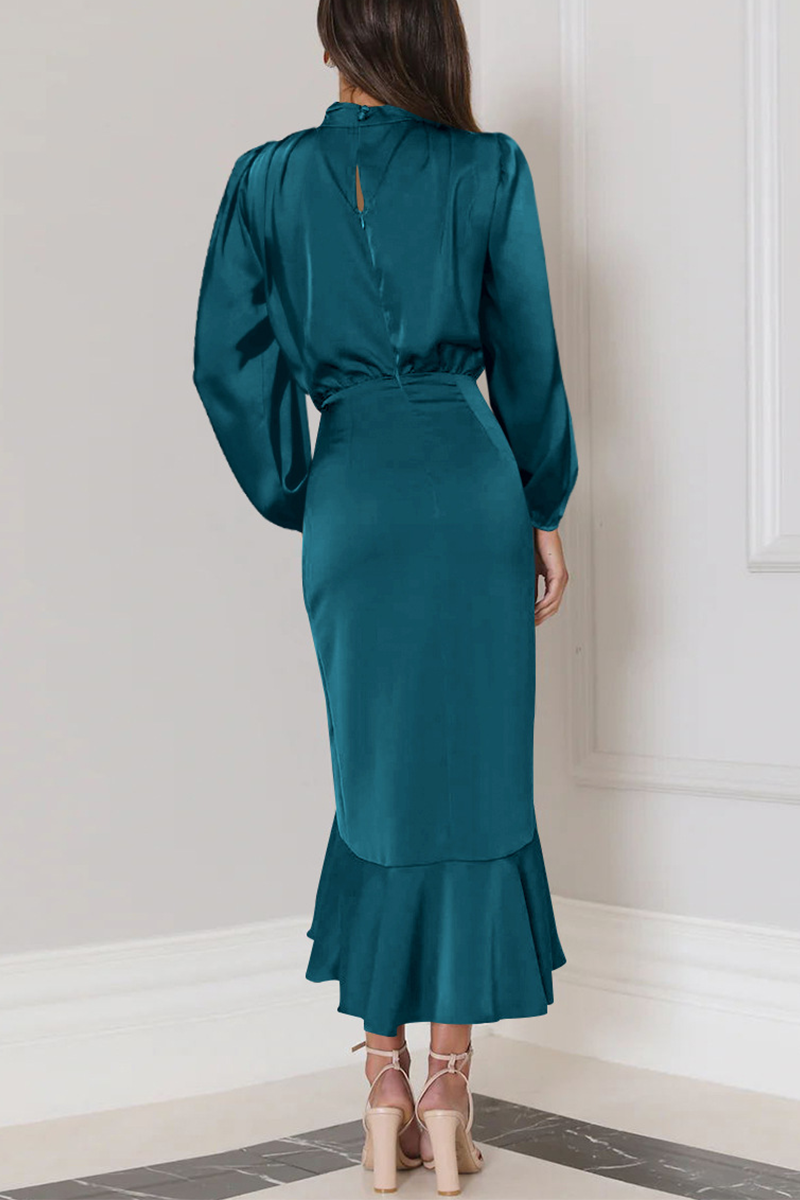 Elegant Solid Flounce Fold Turtleneck Evening Dress - View 5 | VelvetHem