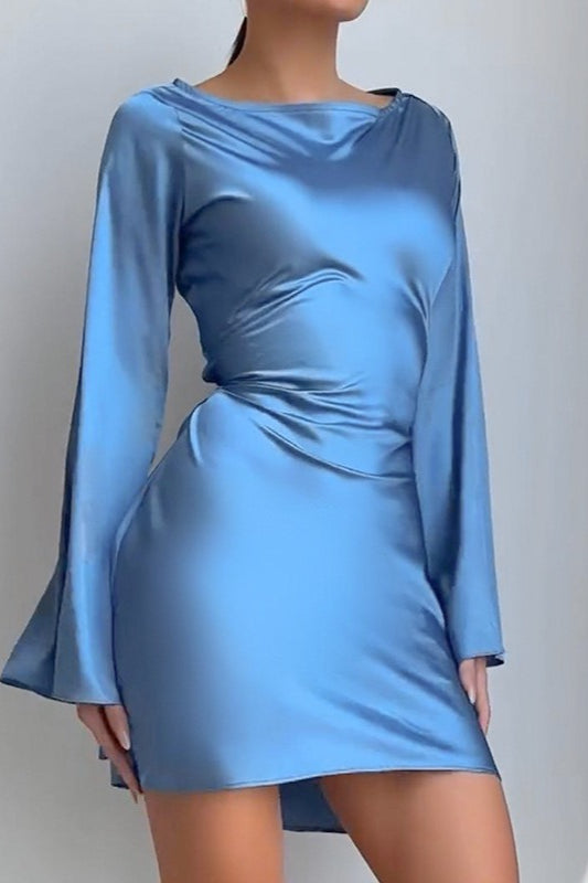 Satin Bodycon Belted Mini Silk Dress - View 2 | VelvetHem