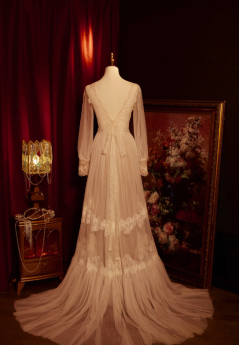 Ve Neck Ivory Lace Wedding Dress With Long Sleeves Elegant Wedding Gowns - View 2 | VelvetHem
