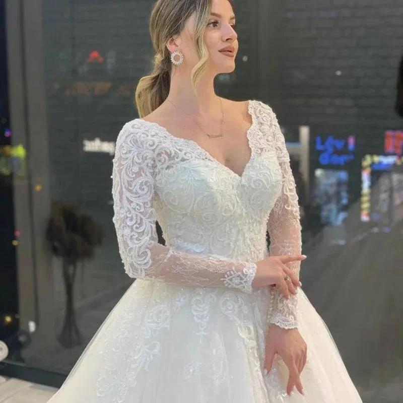 Romantic V-Neck Wedding Dress 2022 Lace Appliques Tulle Vestidos De Noiva Full sleeve Backless Bridal Gown Custom Robe De Mariee (ZD14125)