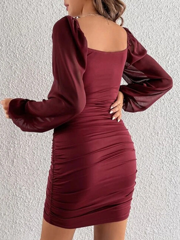 Loose Puff Sleeves Gauze Pleated See-Through Solid Color Split-Joint Square-Neck Evening Dresses Mini Dresses - View 3 | VelvetHem