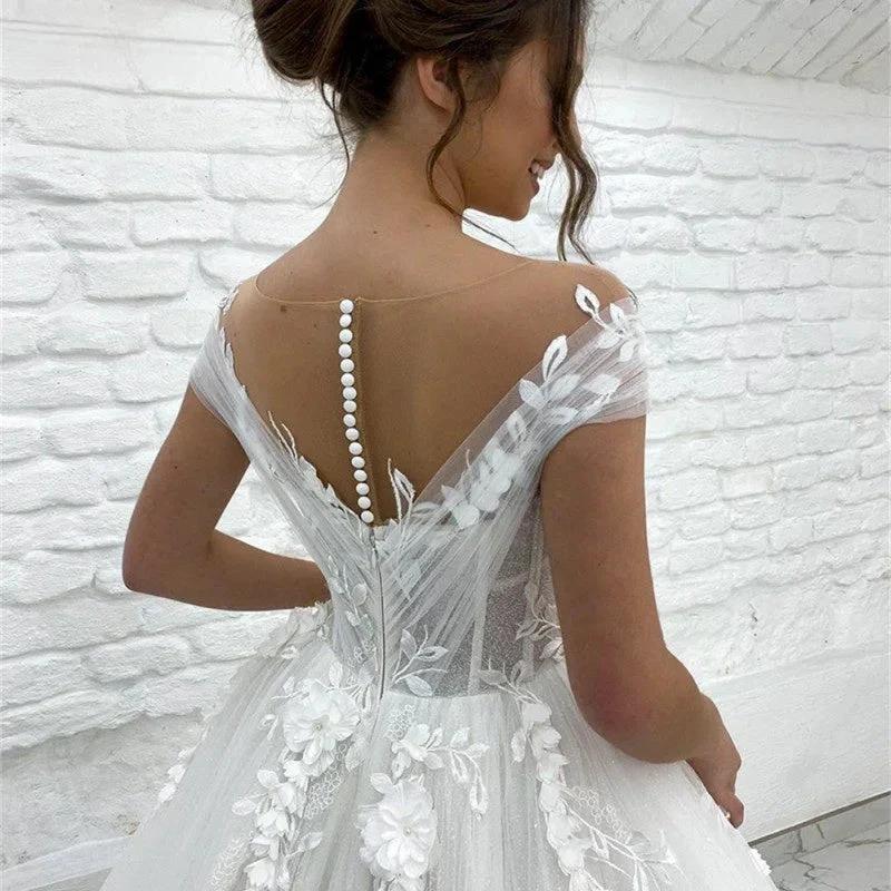 Princess Lace Tulle A Line Wedding Dress Sweetheart Cap Sleeve 3D Appliques Boho Bridal Gowns For Woman Button Vestidos De Novia (ZD13372)