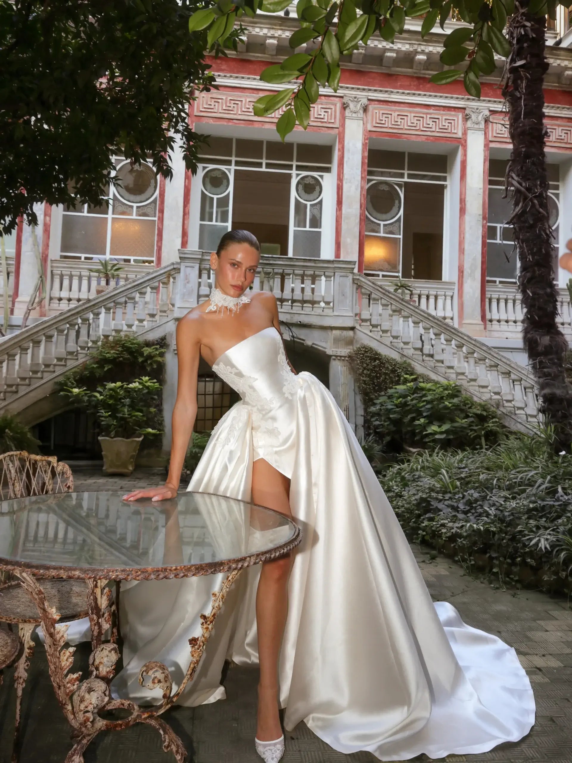 Luxury White Satin Strapless High Slit Ball Gown Wedding Dress with Choker ZP118