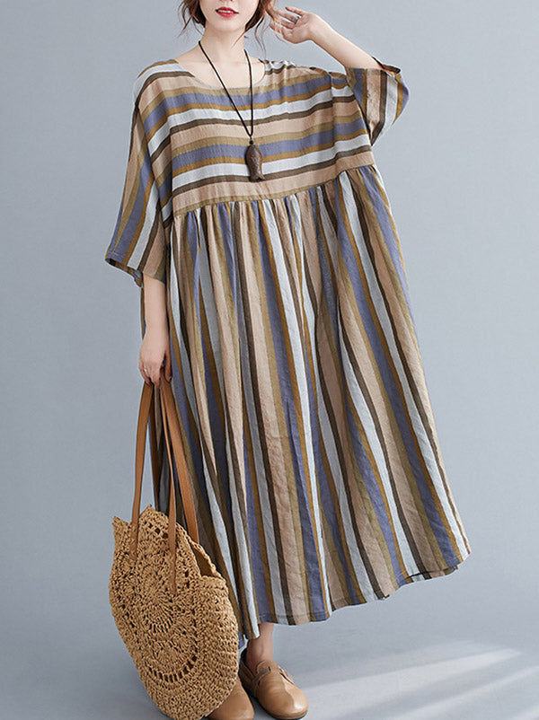 Original Stripe Round-Neck Dress Half Sleeve - Omychic