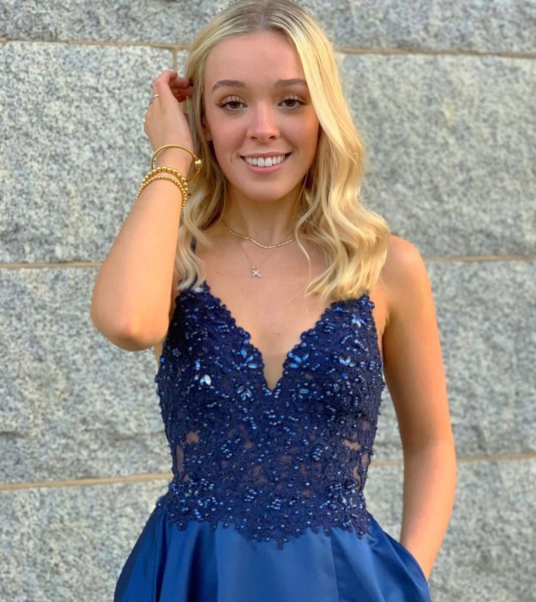 Spaghetti-Straps Slit Prom Dress Long With Lace Appliques - View 2 | VelvetHem