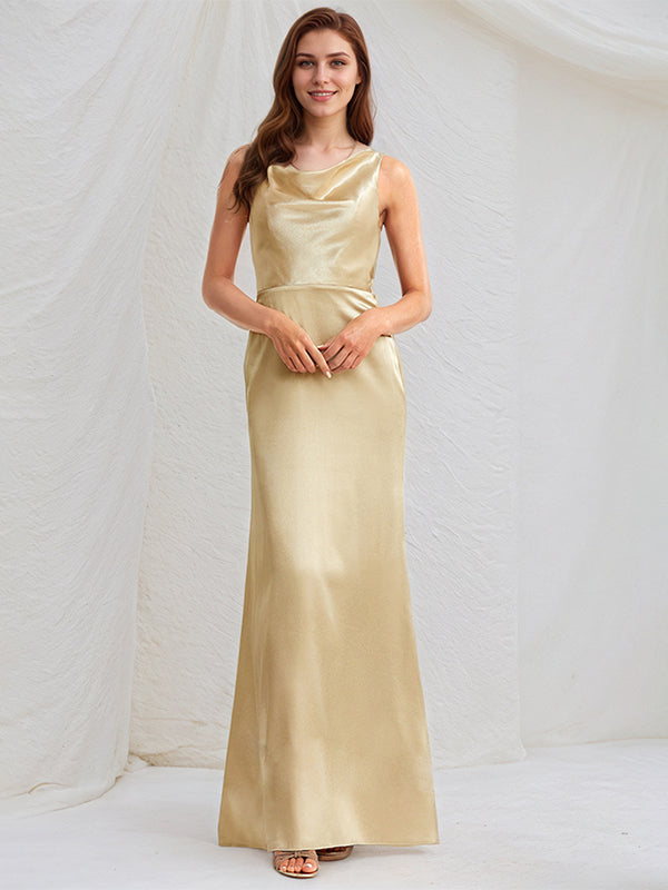 Champagne Satin A Line V Neck Sleeveless Floor Length Pleated Bridesmaid Dress