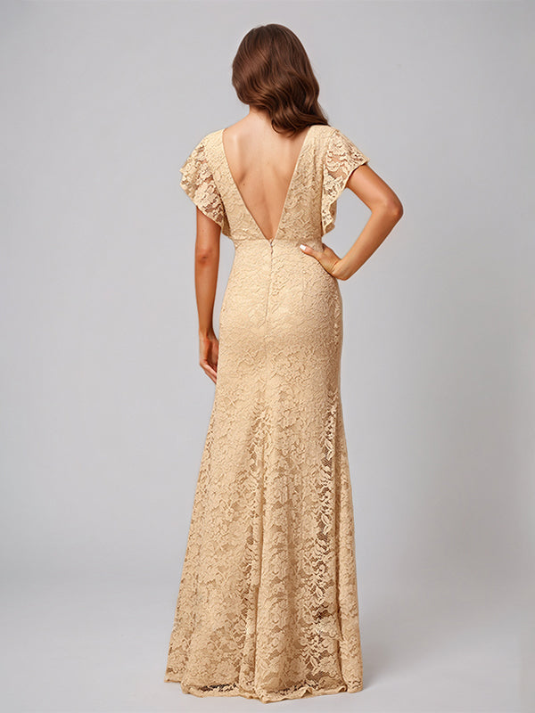 Champagne A-Line V-Neck Floor-Length Lace Bridesmaid Dress