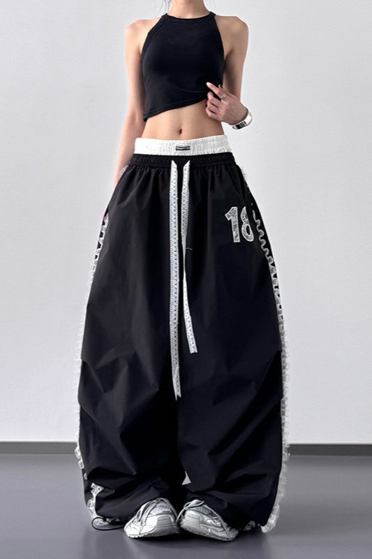 High Waist Slim Lace Trim Double Waist Casual Pants