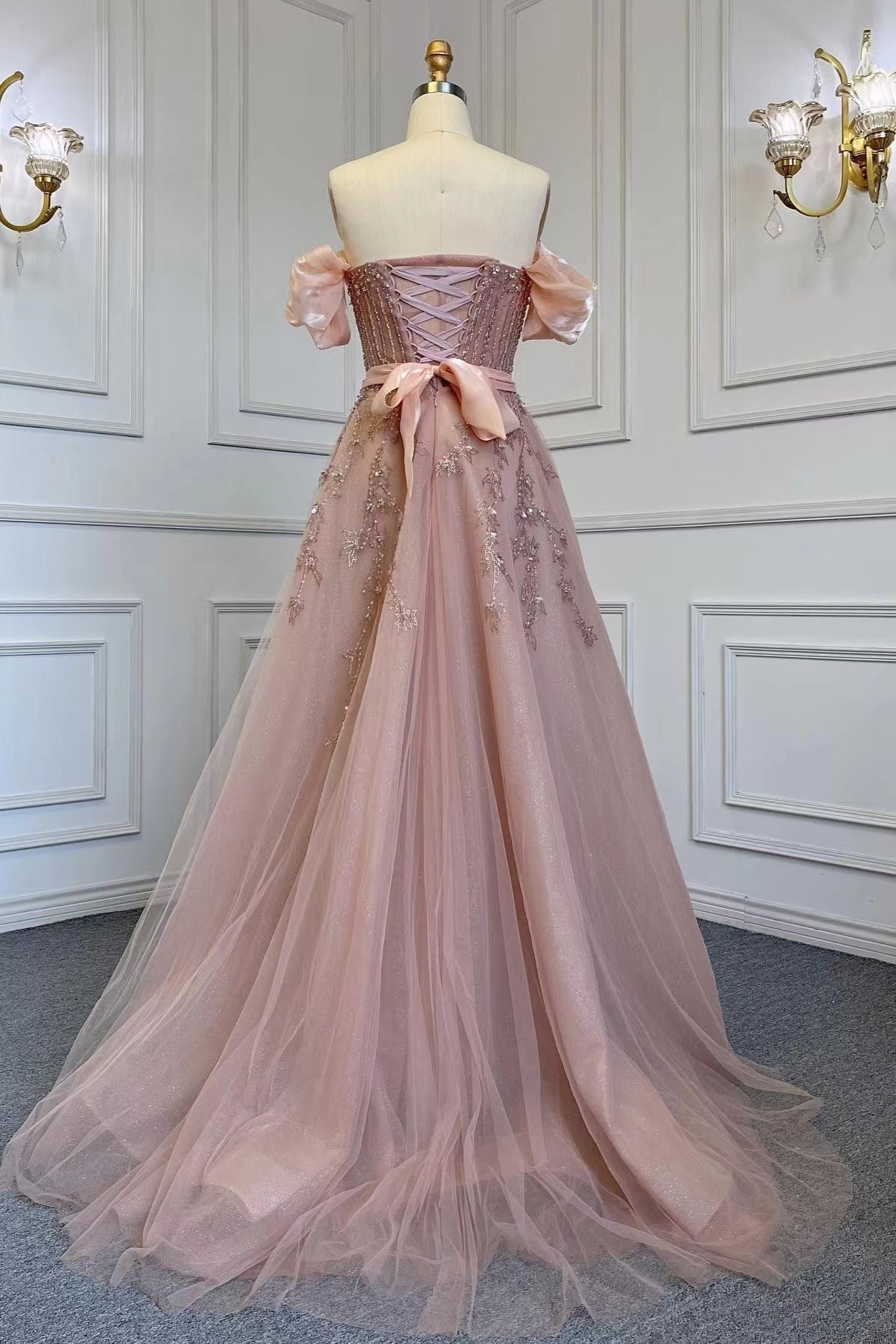Long A-line Off The Shoulder Bubble Sleeves Formal Prom Dress - View 2 | VelvetHem