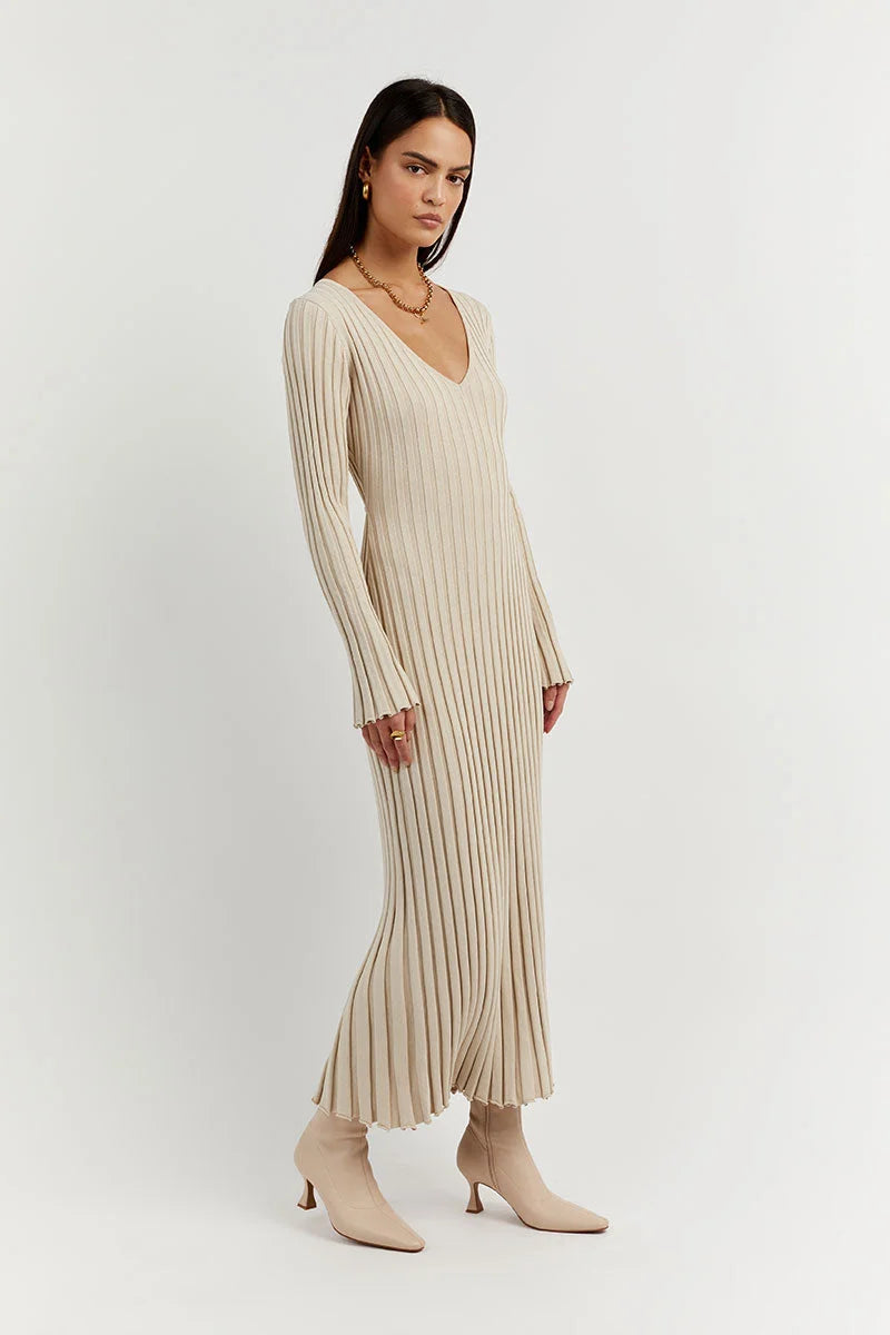 Luisa Elevated Knitted Midi Dress with V Neck and Sleeves Boutique Collection