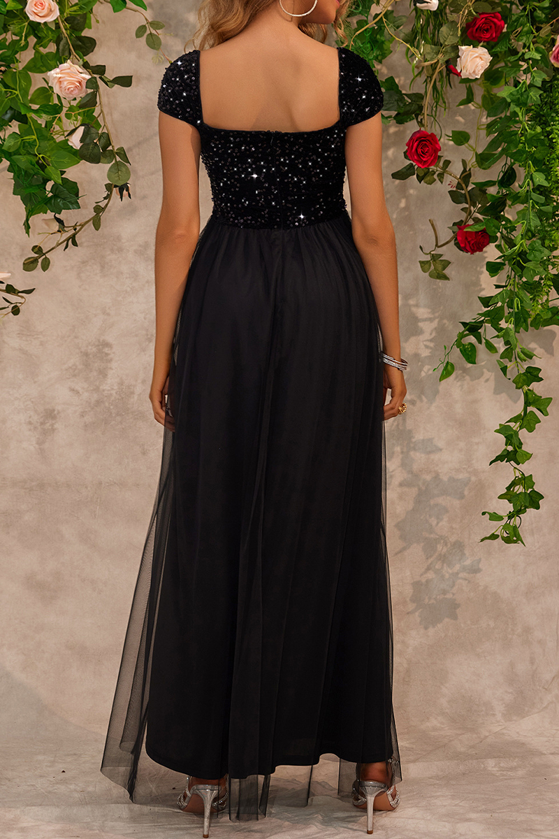 Sexy Prom Sequins Slit Mesh Square Neck Evening Dresses - View 4 | VelvetHem