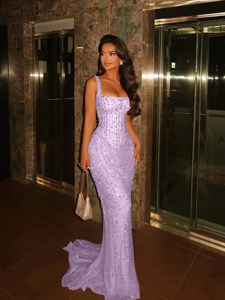 Luxurious Champagne Gold Mermaid Square Neck Sequined Prom & Evening Dress - View 10 | FashionDia