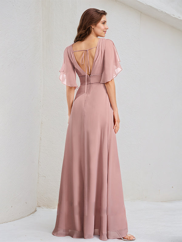 A-Line V-Neck Floor-Length Chiffon Bridesmaid Dress