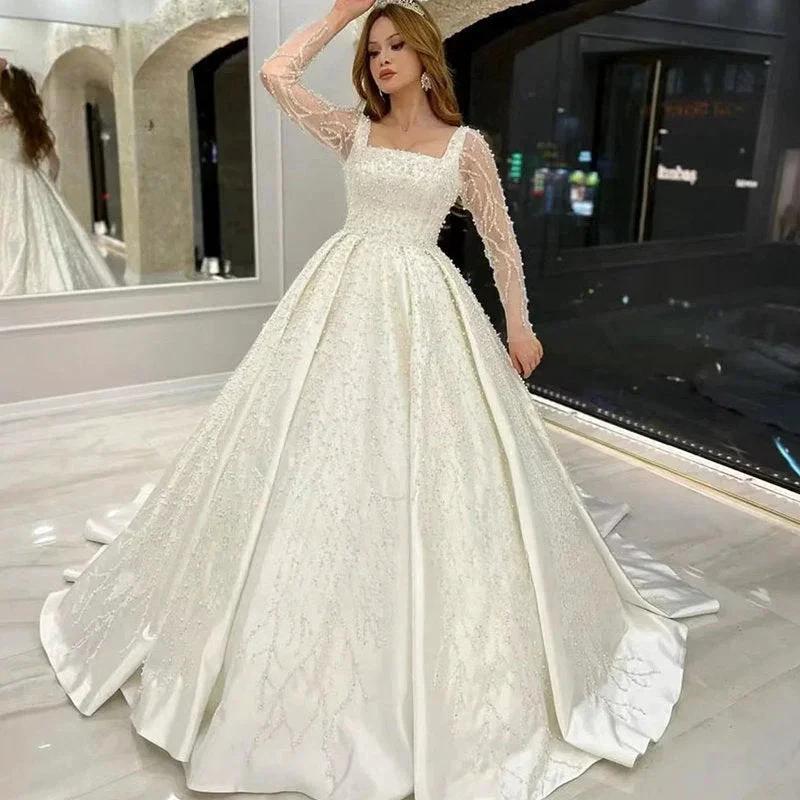 Luxury Wedding Dress Embroidered Lace Beading With Princess Ball Gown Square Collar Fullsleeve Bride Button Vestido De Novia (ZD13486)