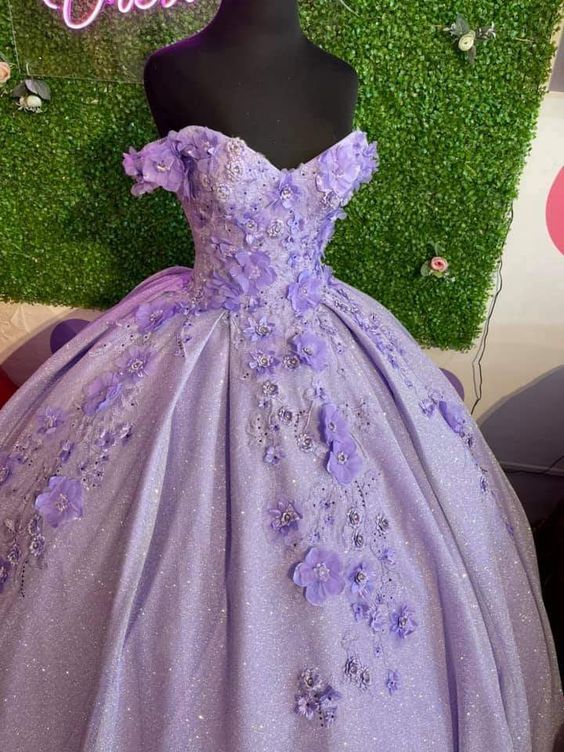 Lavender ball gown off the shoulder with 3d flowers sweet 16 dress Y473 - VelvetHem