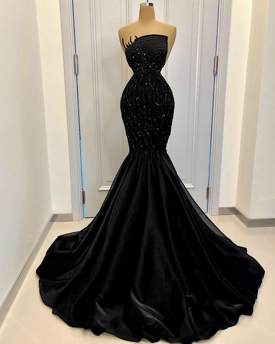Classy Mermaid Black Long Prom Dress Strapless Black Evening Dress Y465 - VelvetHem
