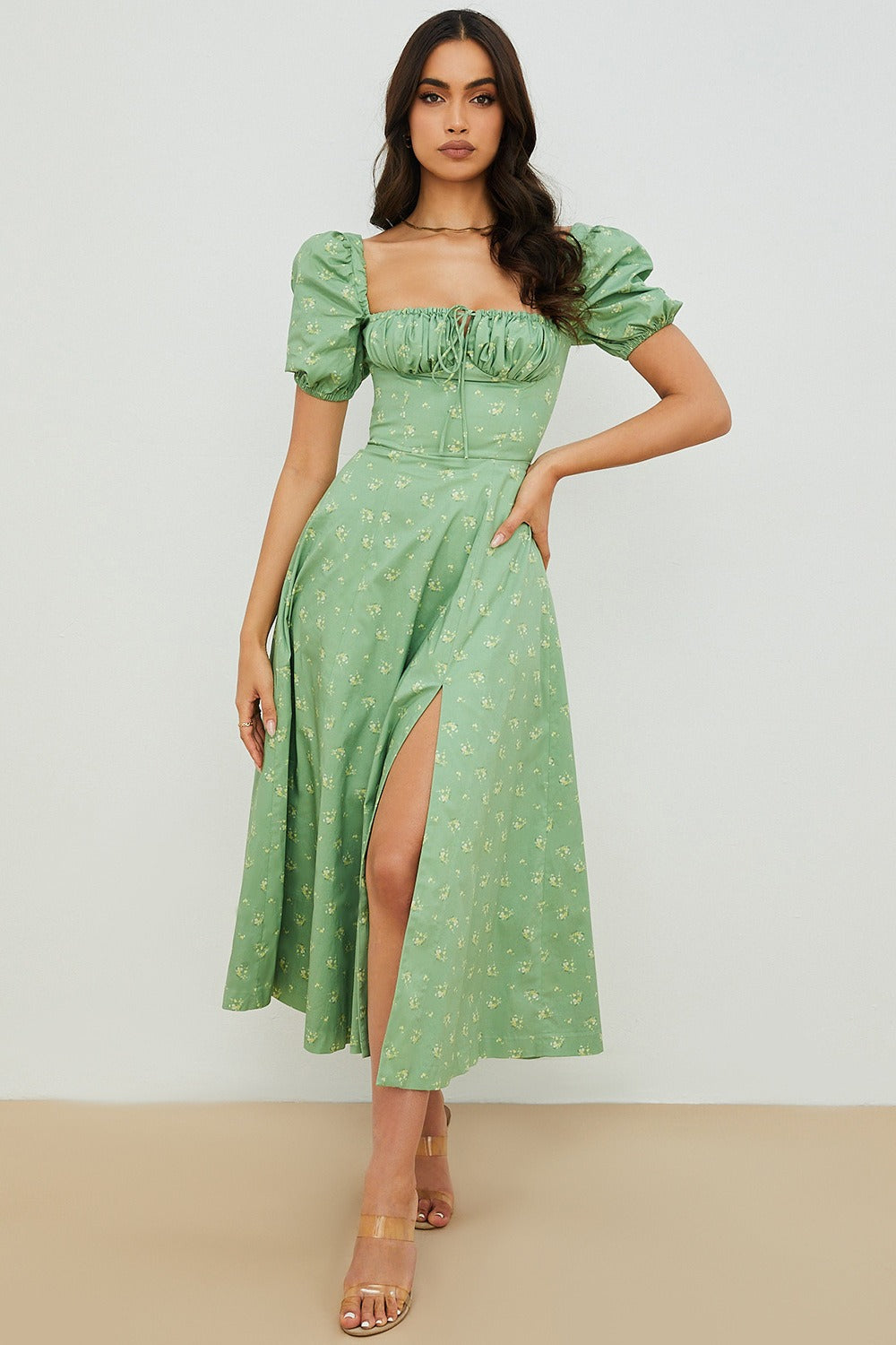 Puff Sleeve Wrap Slit Maxi Flower Dress
