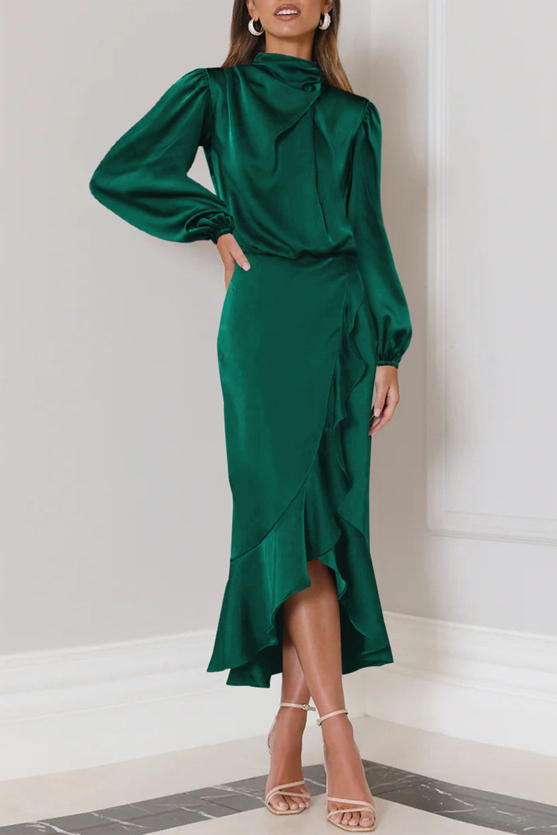 Elegant Solid Flounce Fold Turtleneck Evening Dress - View 14 | VelvetHem
