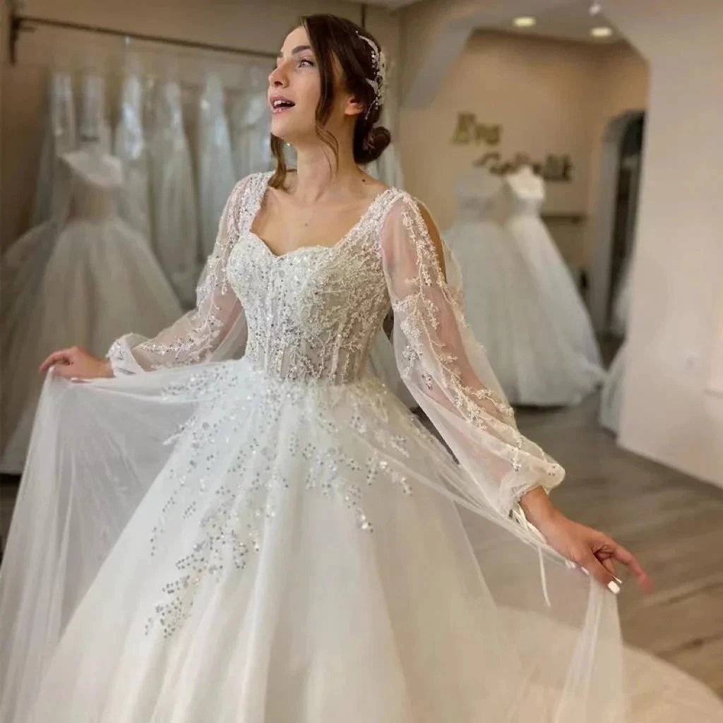 White Wedding Dresses Sweetheart Shiny Appliques Grace Bridal Gowns 2023 Puff Sleeve Tulle A-Line Princess (ZD13389)