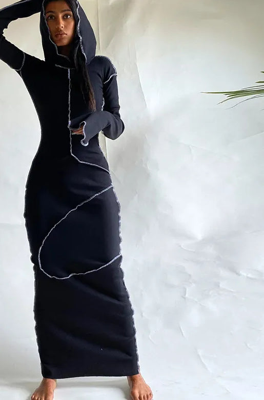 Patchwork Hoodie Slit Midi Dress - View 3 | VelvetHem