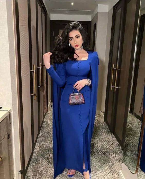 Royal Blue Mermaid Evening Dresses Floor-length Party Dress With Shawl Arabic Prom Gowns Slit Vestidos De Noche Blue