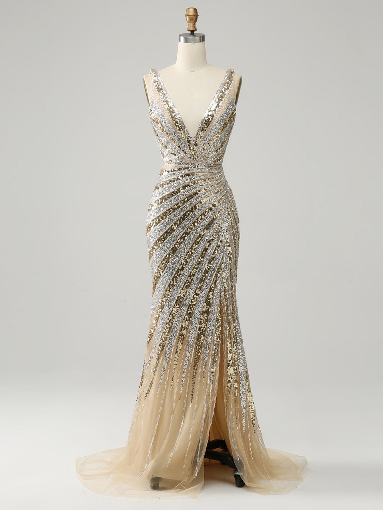 Golden Deep V Neck Stripes Sleeveless Long Prom Dress with Slit - Fashionpara