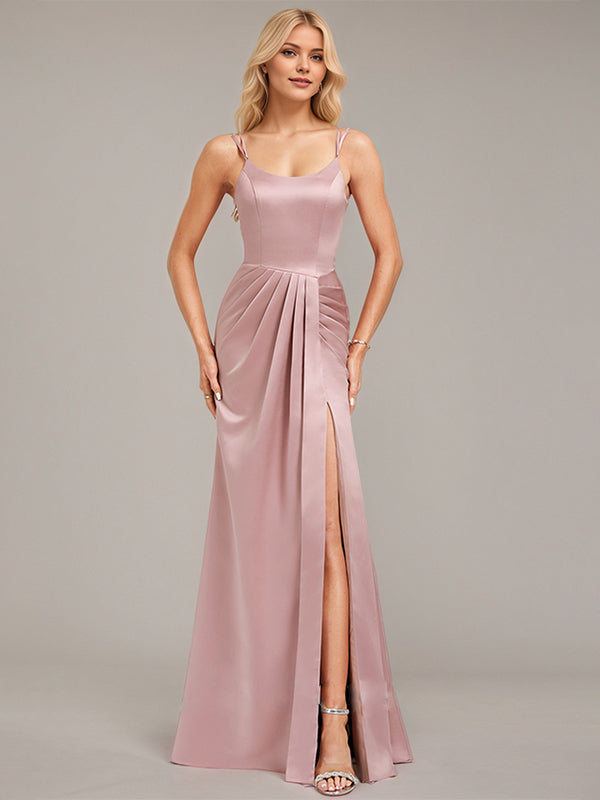 Dusty Rose Trumpet/Mermaid Spaghetti Straps Floor-Length Satin Bridesmaid Dress With Ruched