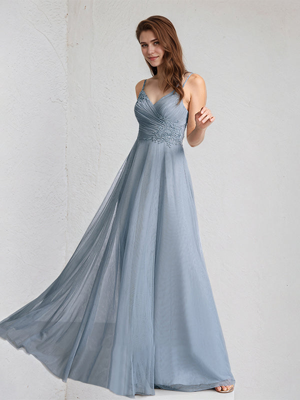 Dusty Blue A-Line V-Neck Floor-Length Lace Tulle Bridesmaid Dress