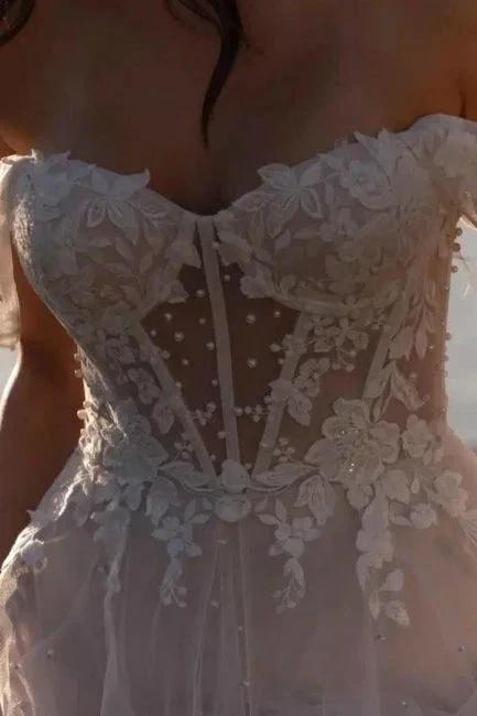 Fabulous A-Line Lace Off-The-Shoulder Sleeveless White Wedding Dress With Ruffles (ZD15530)