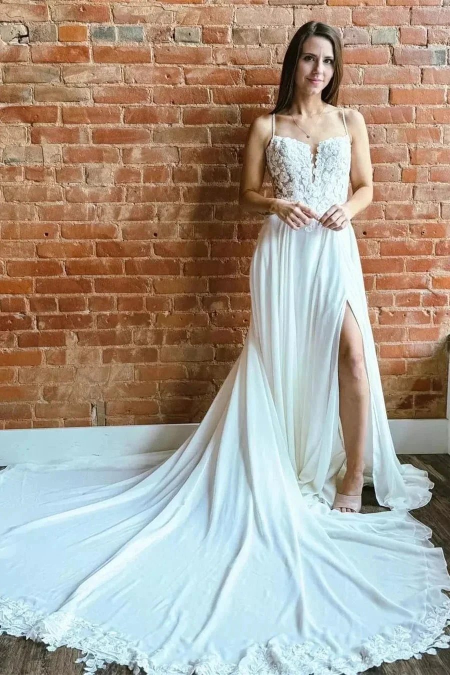 Fabulous A-Line Lace Spaghetti Straps Sleeveless White Wedding Dresses With Split Train (ZD15535)