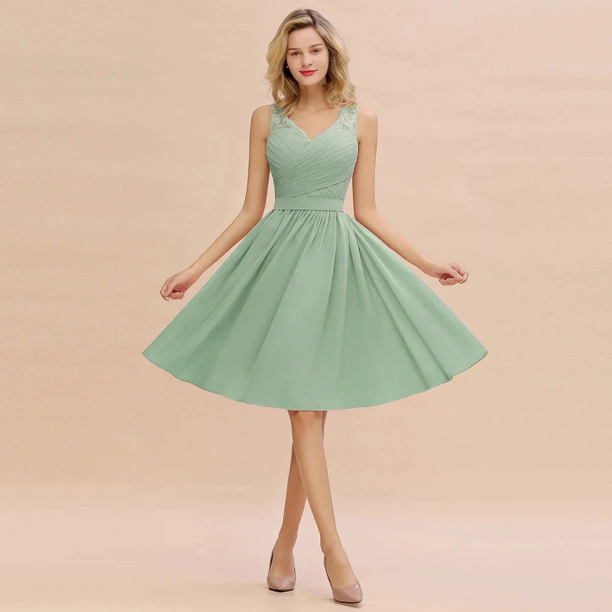 Fabulous A-Line V-Neck Sleeveless Satin Short Bridesmaid Dresses by misshow.com
