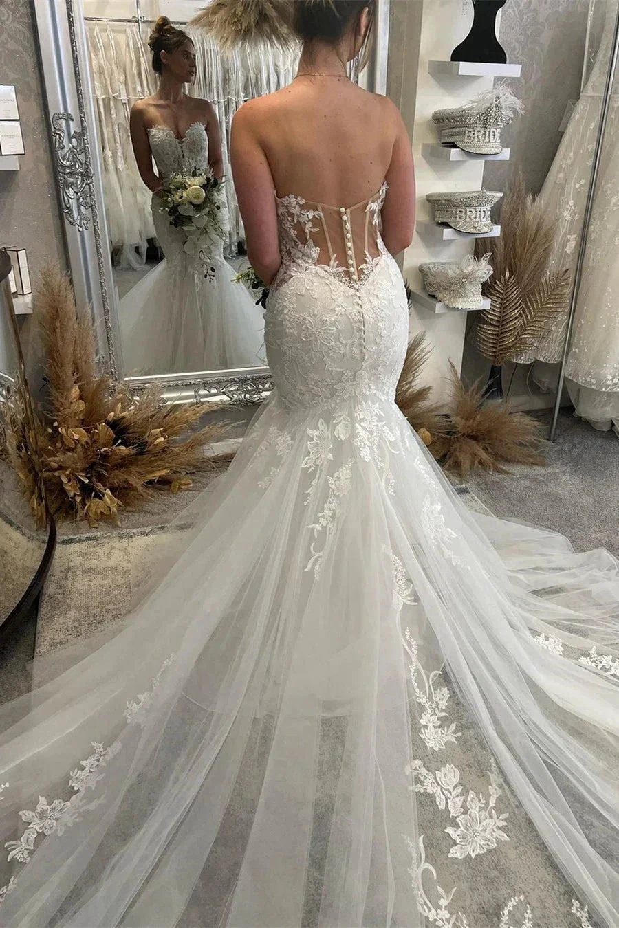 Fabulous Floor Length Sweetheart Sleeveless Mermaid Wedding Dress with Lace (ZD16494)