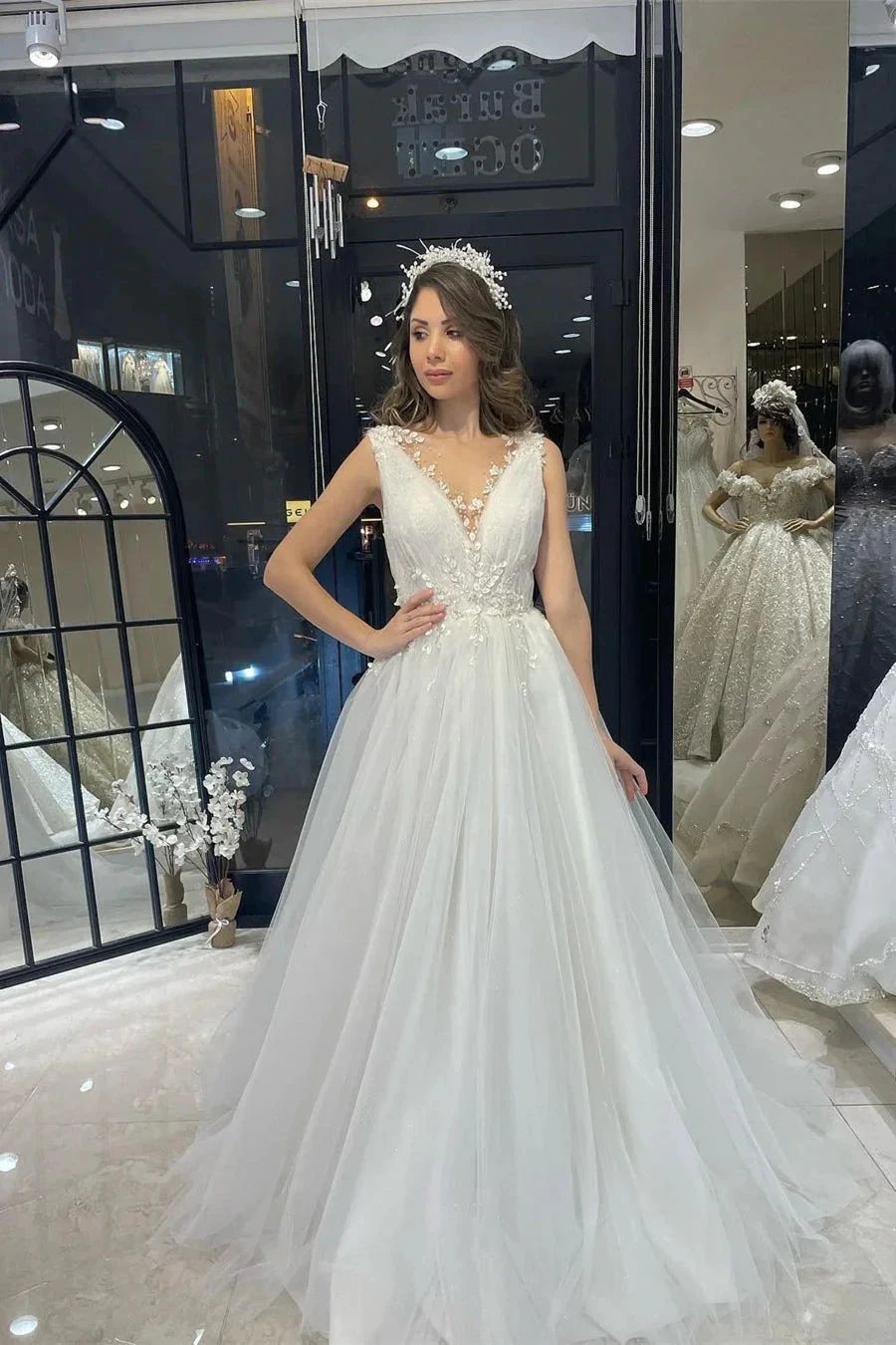 Fabulous Floor Length V-Neck Sleeveless A-Line Tulle Wedding Dress (ZD14797)