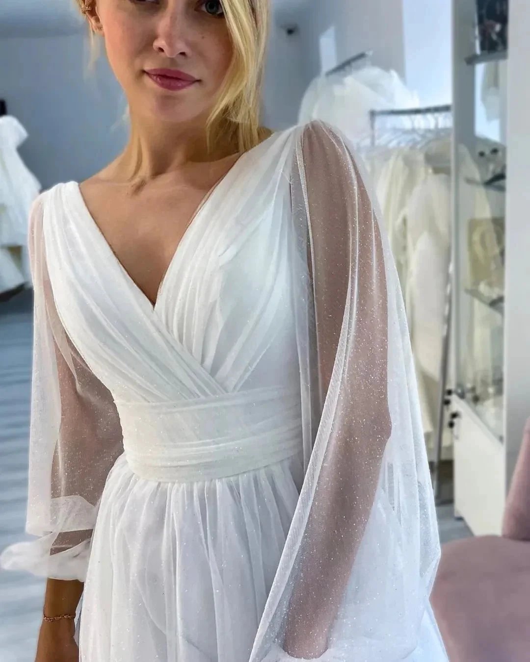 Fabulous Long White A-line V-neck Long Sleeves Glitter Wedding Dress With Slit (ZD14812)