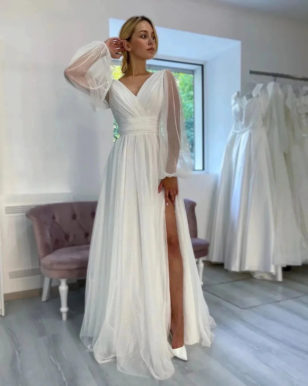 Fabulous Long White A-line V-neck Long Sleeves Glitter Wedding Dress With Slit (ZD14812)
