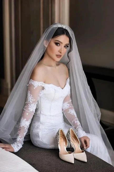 Fabulous Off-the-shoulder Long-Sleeve Mermaid Floor-Length Lace Wedding Dresses with Chapel Train (ZD14668)