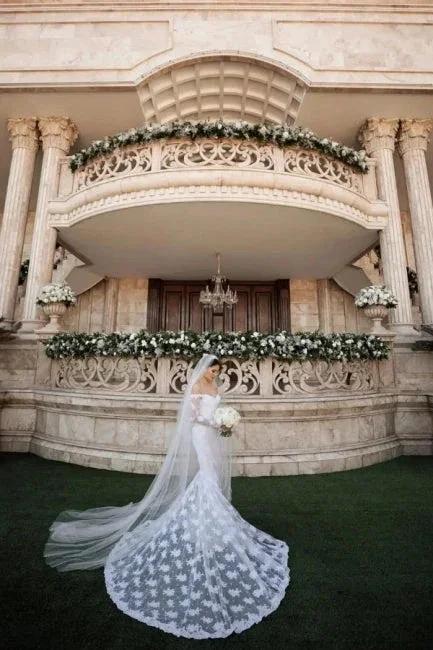 Fabulous Off-the-shoulder Long-Sleeve Mermaid Floor-Length Lace Wedding Dresses with Chapel Train (ZD14668)