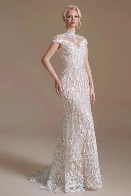 Fabulous Off-the-shoulder Sleeveless Mermaid Floor-Length Lace Wedding Dresses with Pattern (ZD14665)