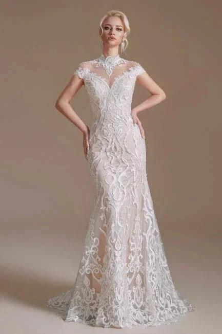 Fabulous Off-the-shoulder Sleeveless Mermaid Floor-Length Lace Wedding Dresses with Pattern (ZD14665)