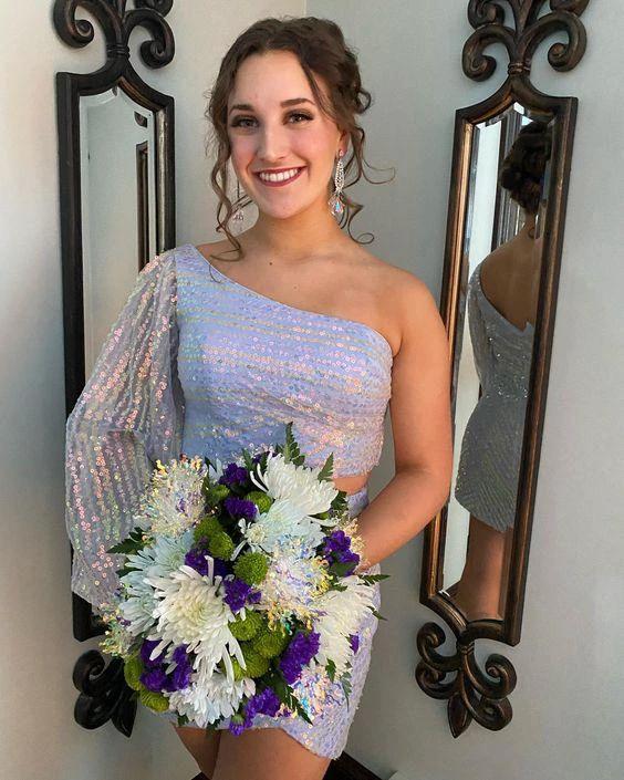two piece blue sequin one sleeve bodycon mini dress homecoming dress Y510 by simplepromdress