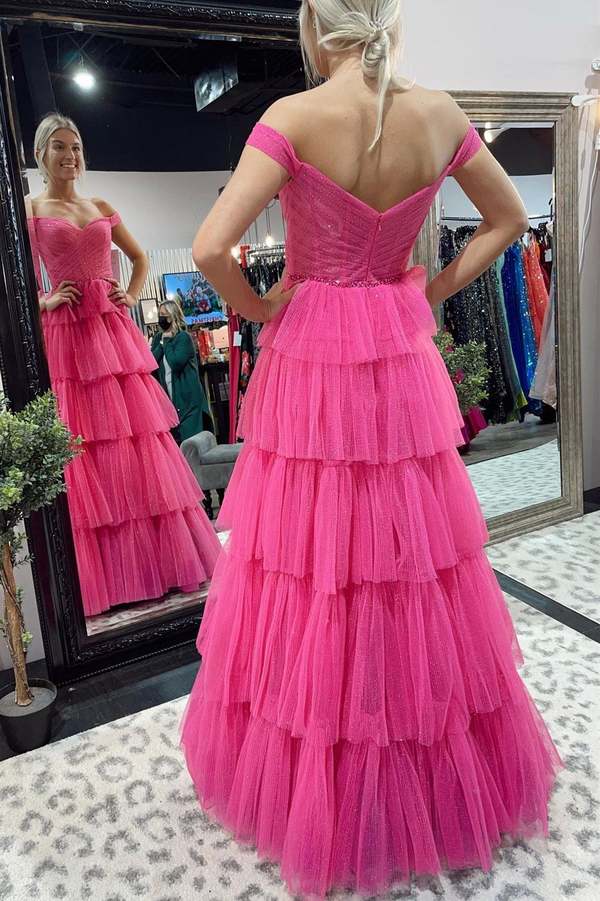 A-Line Fuchsia Tulle Long Prom Dresses Formal Evening Gowns Y482 - VelvetHem
