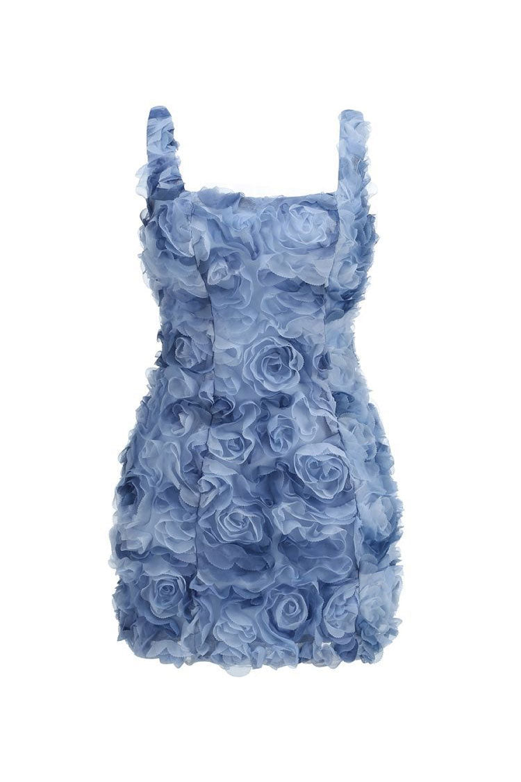 Fairytale Rose Applique Square Neck Sleeveless Laced Back Party Mini Dress - Fashionpara