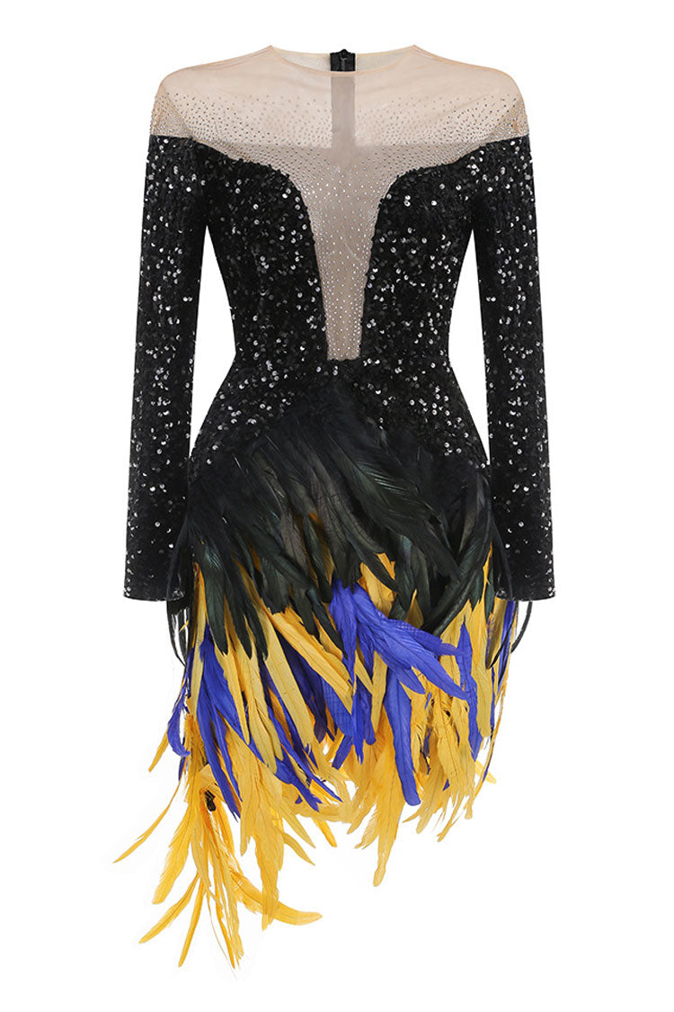 Fancy Faux Feather Crystal Mesh Panel Sequin Bodycon Party Mini Dress - Fashionpara