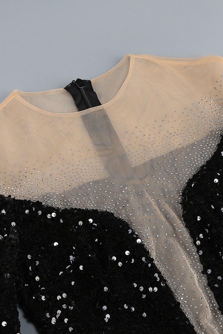 Fancy Faux Feather Crystal Mesh Panel Sequin Bodycon Party Mini Dress - Fashionpara