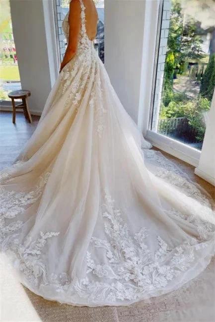 Fashion Backless A-Line V-neck Sleeveless Wedding Dresses With Lace (ZD14639)