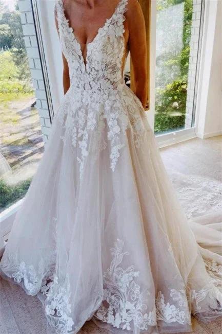 Fashion Backless A-Line V-neck Sleeveless Wedding Dresses With Lace (ZD14639)