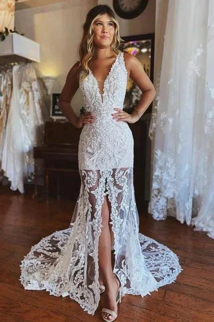 Fashion Spaghetti Straps Lace Mermaid Wedding Gowns With Slit (ZD16456)