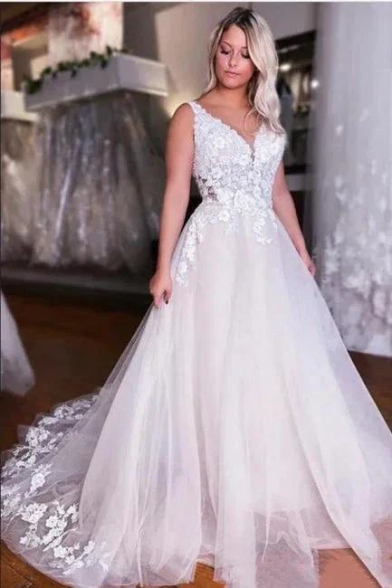 Fashion Straps A-Line Backless V-neck Wedding Dress With Lace (ZD14609)
