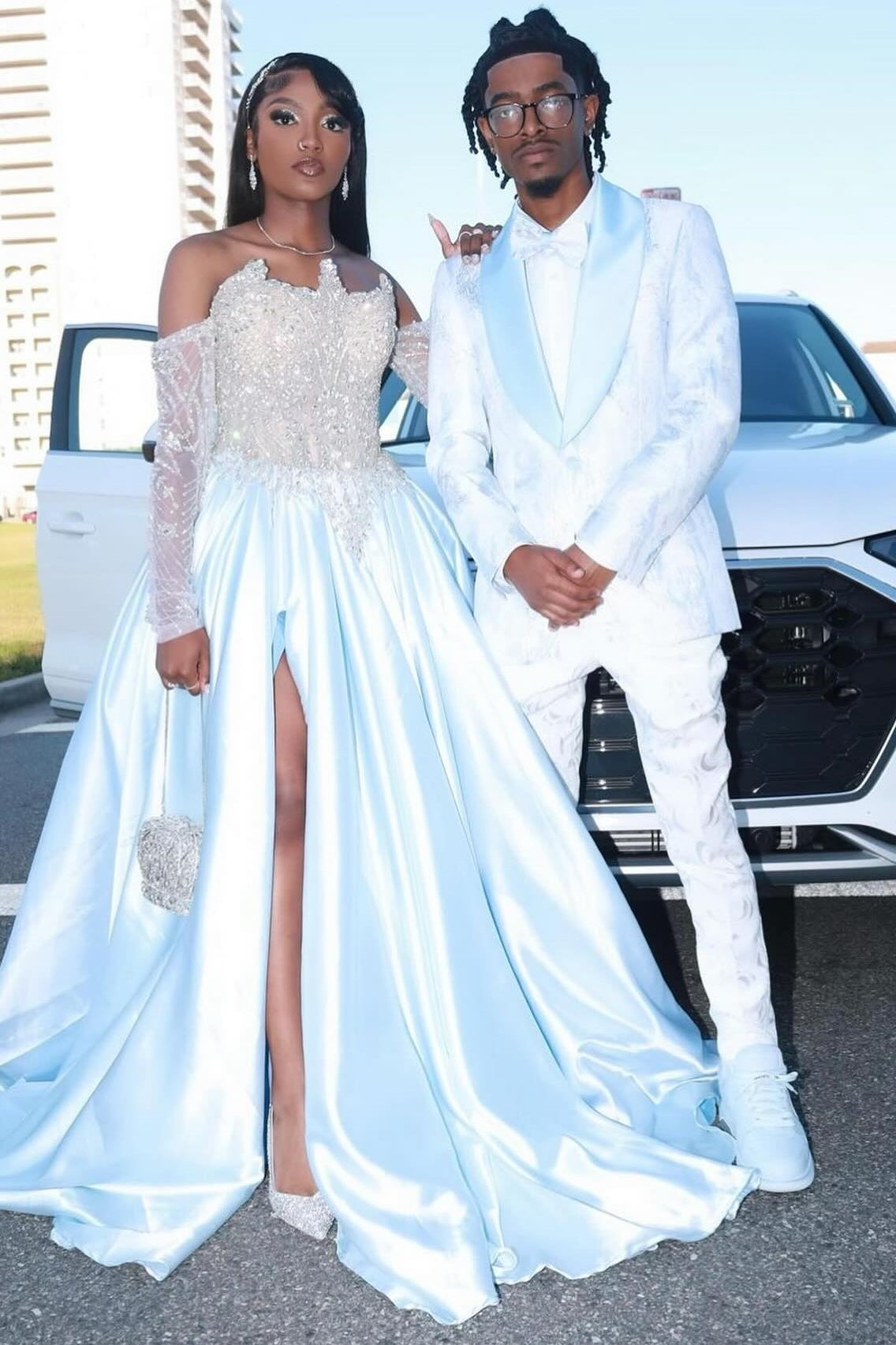 Fashion White Off-the-Shoulder A-Line Side Slit Lace Prom Dress