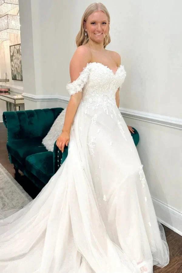 Fashionable Long Ivory A-line Off-the-shoulder Tulle Appliques Wedding Dress (ZD15526)
